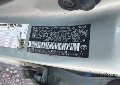 2008 Toyota Prius z USA, uszkodzony, nr VIN JTDKB20U483417035